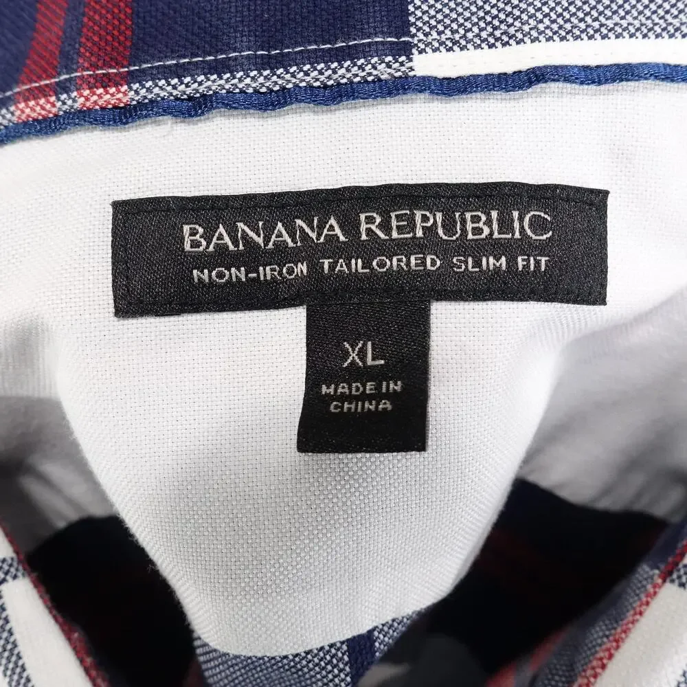 Banana Republic Shirt Mens XL Blue Gray Red Plaid Non-Iron‎ Tailored Slim Fit